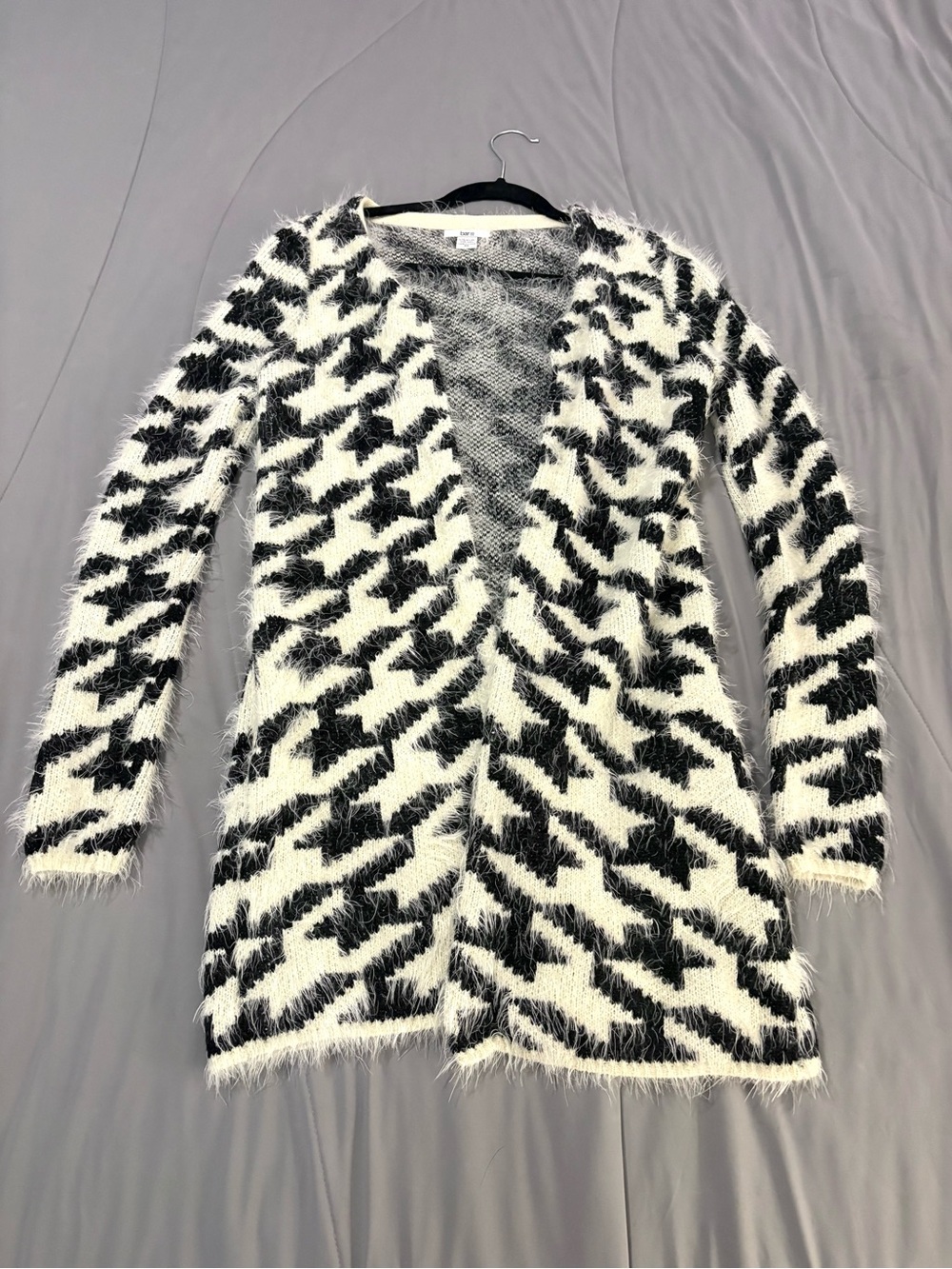 Bar iii Houndstooth Black White Eyelash Knit Open Front Cardigan Sweater Coat